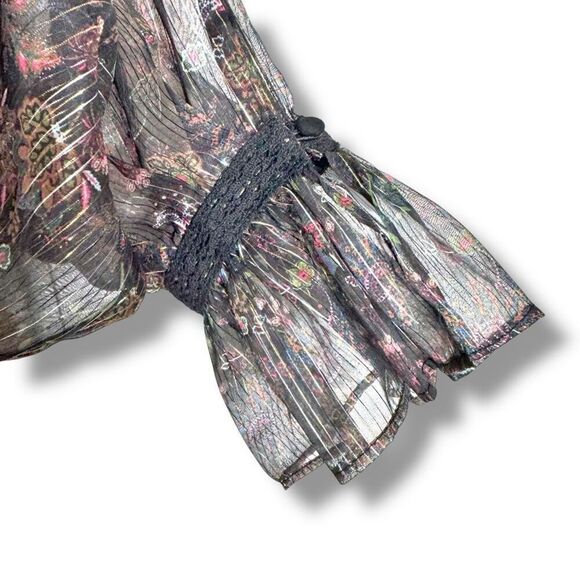Allison NY Mason Mayes Jules Ruffle Laced Metallic Blouse Paisley Blooms Size XS - Picture 6 of 11